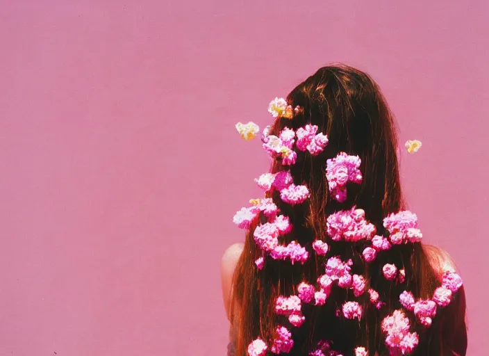 Prompt: color film photography, long shot of the back of a woman\'s head with interwoven flowers in center against a pink wall, daylight, 35mm