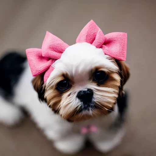 Image similar to shih tzu, brown and white, wearing a pink bow, life photography