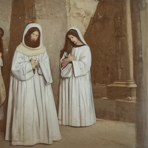 Image similar to 3 mary's, talking to 2 angels at the tomb of jesus, medium wide shot, velasquez