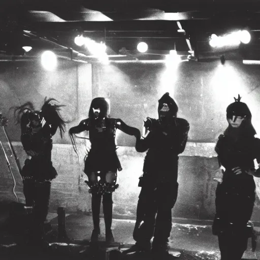 Image similar to electropunk cybergoth band performing in a vast underground bunker, berlin 1 9 8 2, grainy high contrast black and white