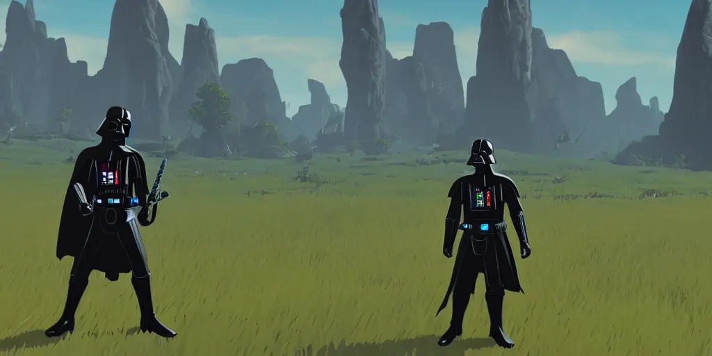 Prompt: darth vader, the legend of zelda breath of the wild gameplay