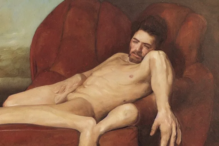 Image similar to a oil painting painting of a caucasian man wearing clothing relaxing on a brown reclined leather chair