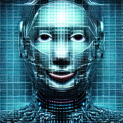 Prompt: an insanely detailed cibernetic artwork of a futuristic artificial intelligence superstar, centered image, perfectly symmetrical alien face, extremely detailed texture, with frames made of detailed fractals, octsne render, 4k, insanely detailed, detailed grid as background, cgi