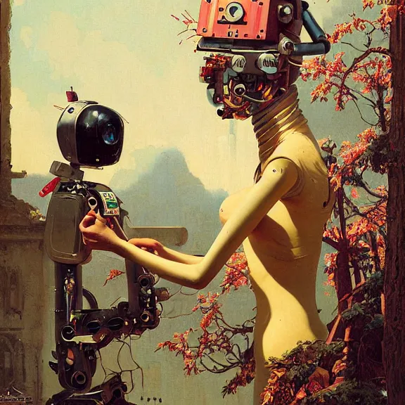 Prompt: robot artist painting a self - portrait on a canvas. intricate, highly detailed, photorealistic, film still, by gil elvgren, sachin teng, carl spitzweg, hans thoma, alexandros pyromallis.