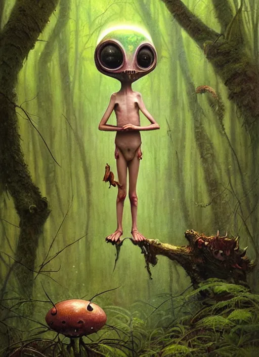 Prompt: cute alien in the woods by a river gorgeous lighting, lush forest foliage blue sky a hyper realistic painting by chiara bautista and beksinski and norman rockwell and greg rutkowski, tom bagshaw weta studio, and lucasfilm