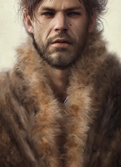 Prompt: portrait of a rugged man wearing a fur coat, highly detailed, fantasy, godrays, cinematic lighting, close up, volumetric, realistic, digital art by greg rutkowski