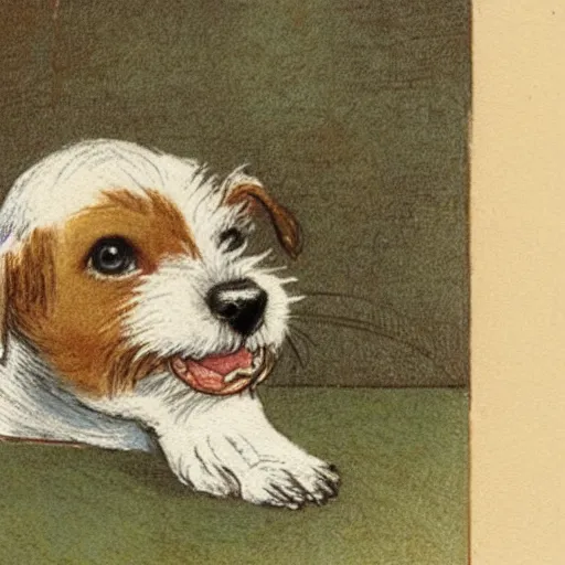 Prompt: closeup candid portrait of jack russel terrier crying, illustrated by peggy fortnum and beatrix potter and sir john tenniel