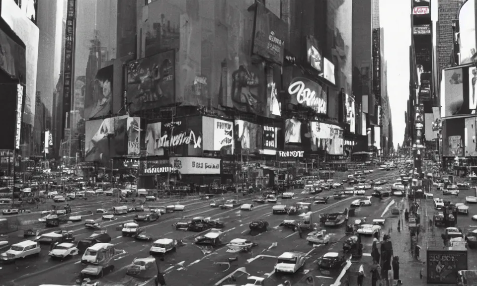 Image similar to A film still from a 1970s movie, new york city, times square, Realism, 4k, 8mm, Grainy, Panavision