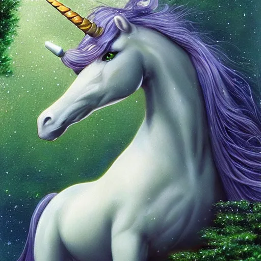 Image similar to A stunningly beautiful mystical unicorn :: hyperdetailed :: hyper realistic :: by Ghibli Studio :: in the style of Fantasy Art