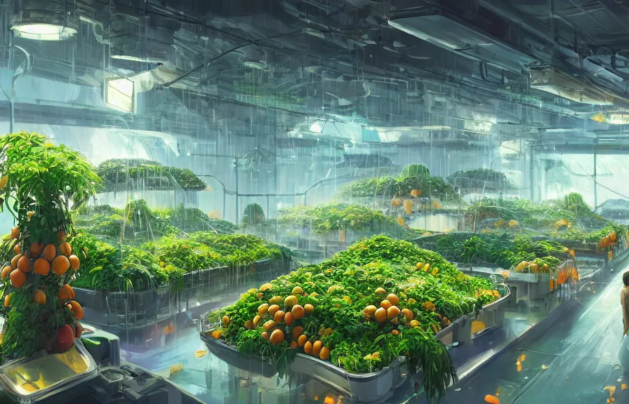 Image similar to concept art of a lush indoor hydroponics lab in a far - future utopian city, apples oranges pears fruit, key visual, ambient lighting, highly detailed, digital painting, artstation, concept art, sharp focus, by makoto shinkai and akihiko yoshida and hidari and wlop