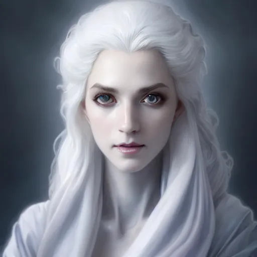 Image similar to white haired aristocrat, full body portrait, gentle, solemn face, cloth, female, city landscape, d & d, fantasy, intricate, elegant, digital painting, white grey color palette, artstation, octane render, concept art, matte, sharp focus, illustration, herrarthstone, art by artgerm and greg rutkowski and alphonse mucha