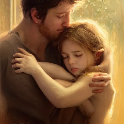 Image similar to epic masterpiece of cinematographic hyperrealism where a heart of love appears inside the heart there is a mother hugging her son. realistic shaded lighting poster by craig mallismo, artgerm, jeremy lipkin and michael garmash, unreal engine, radiant light, detailed and intricate environment, digital art, art station trends