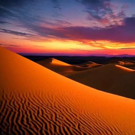 Prompt: beautiful sunset in the desert, sand dunes, dramatic, colorful