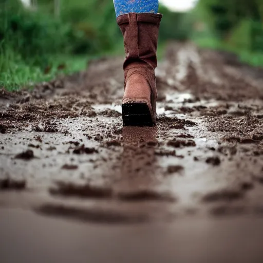 Prompt: a woman in chunky platform boots walking on a muddy road, canon EOS 1000D