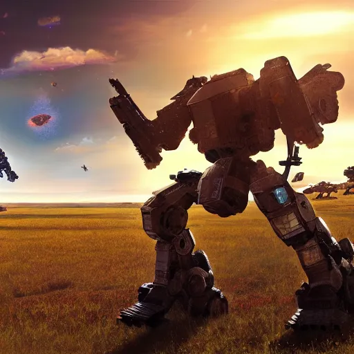 Image similar to a ultra - detailed realistic cinematic shot of an atlas mech fighting it's final battle on the plains of the american midwest, mechwarrior, hyper realism, highly detailed, art, 8 k