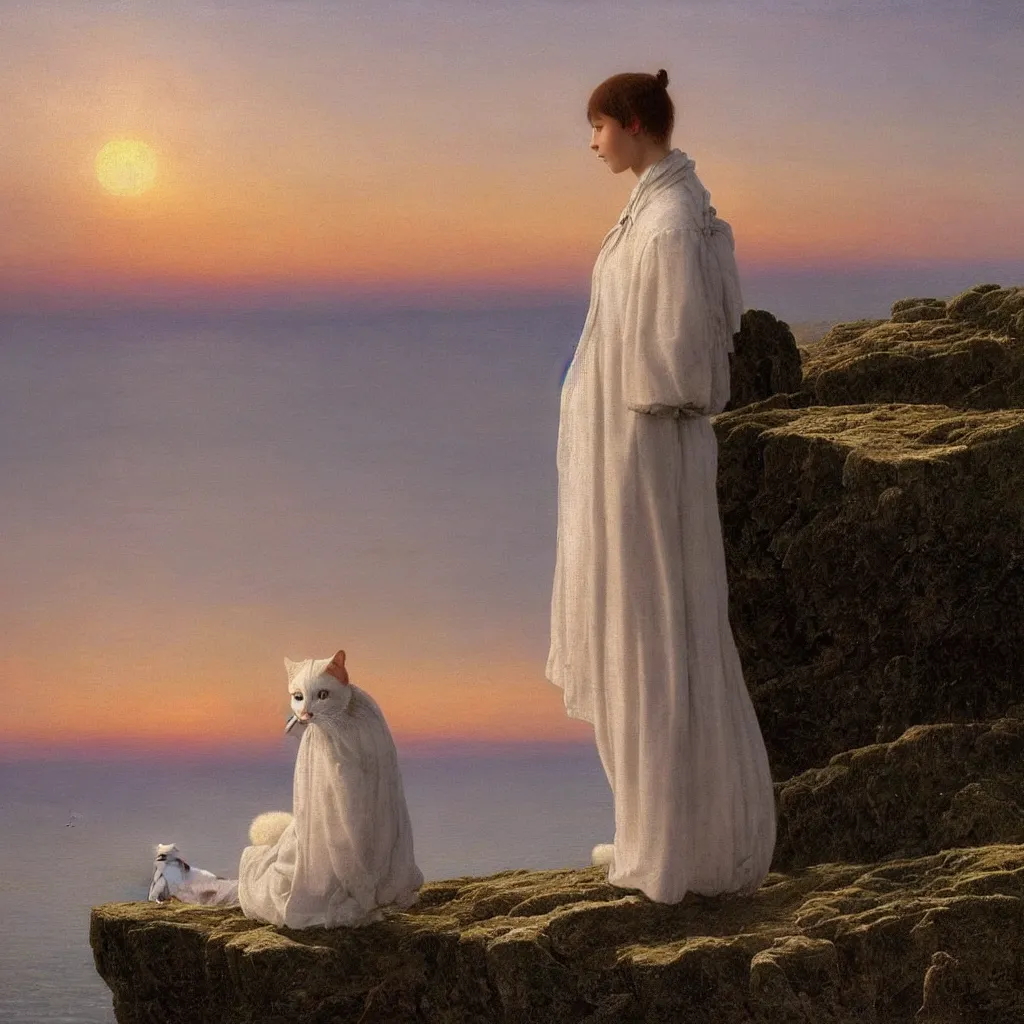 Prompt: an android girl with a white cat by caspar david friedrich, in the sunset ， sitting on the edge of a cliff ， look at the sea ， hyperrealistic, clean, pure, elegant, highly detailed, digital painting, artstation, concept art, smooth, sharp focus, illustration,