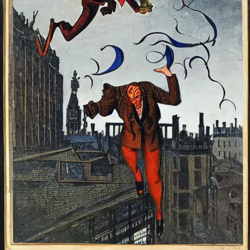 Image similar to spring-heeled jack, aristocrat devil jumping over the roofs of victorian london, by max ernst