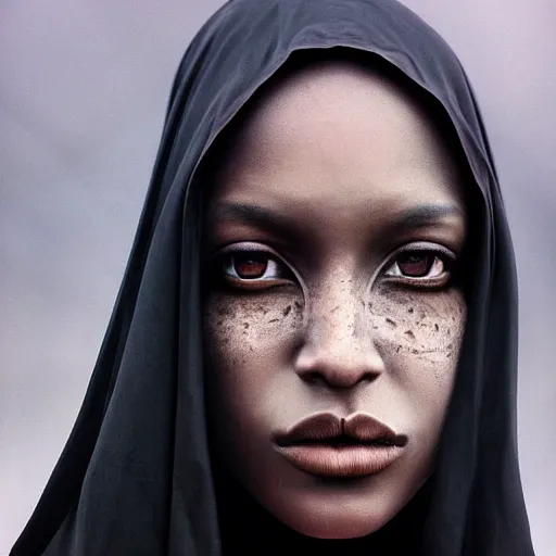 Image similar to a portrait of a young black woman wearing a long dark cloak, hood and shadows covering face, anatomically correct, beautiful perfect face, enigmatic, oil painting, matte painting, black background, Volumetric dynamic lighting, Highly Detailed, Cinematic Lighting, Unreal Engine, 8k, HD, by Beksinski