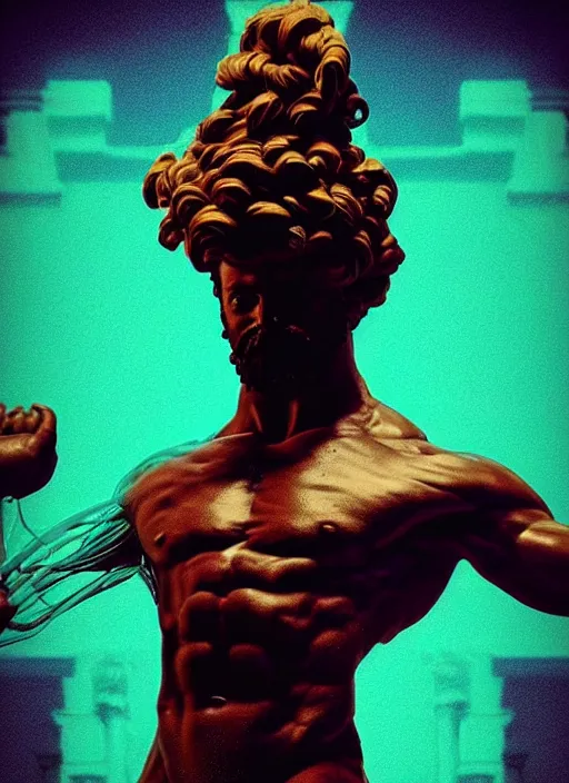 Prompt: statue of hercules looking angry, beeple, vaporwave, retrowave, black background, neon, black, glitch, strong contrast, neon wiring, cuts, american gods intro, pinterest, trending on artstation