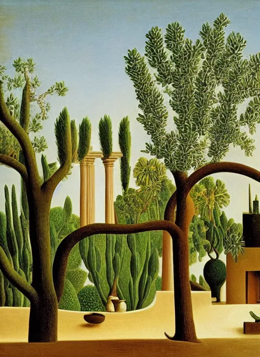 Prompt: A villa in the middle of the desert, fountain, olive trees, ornaments by Henri Rousseau,