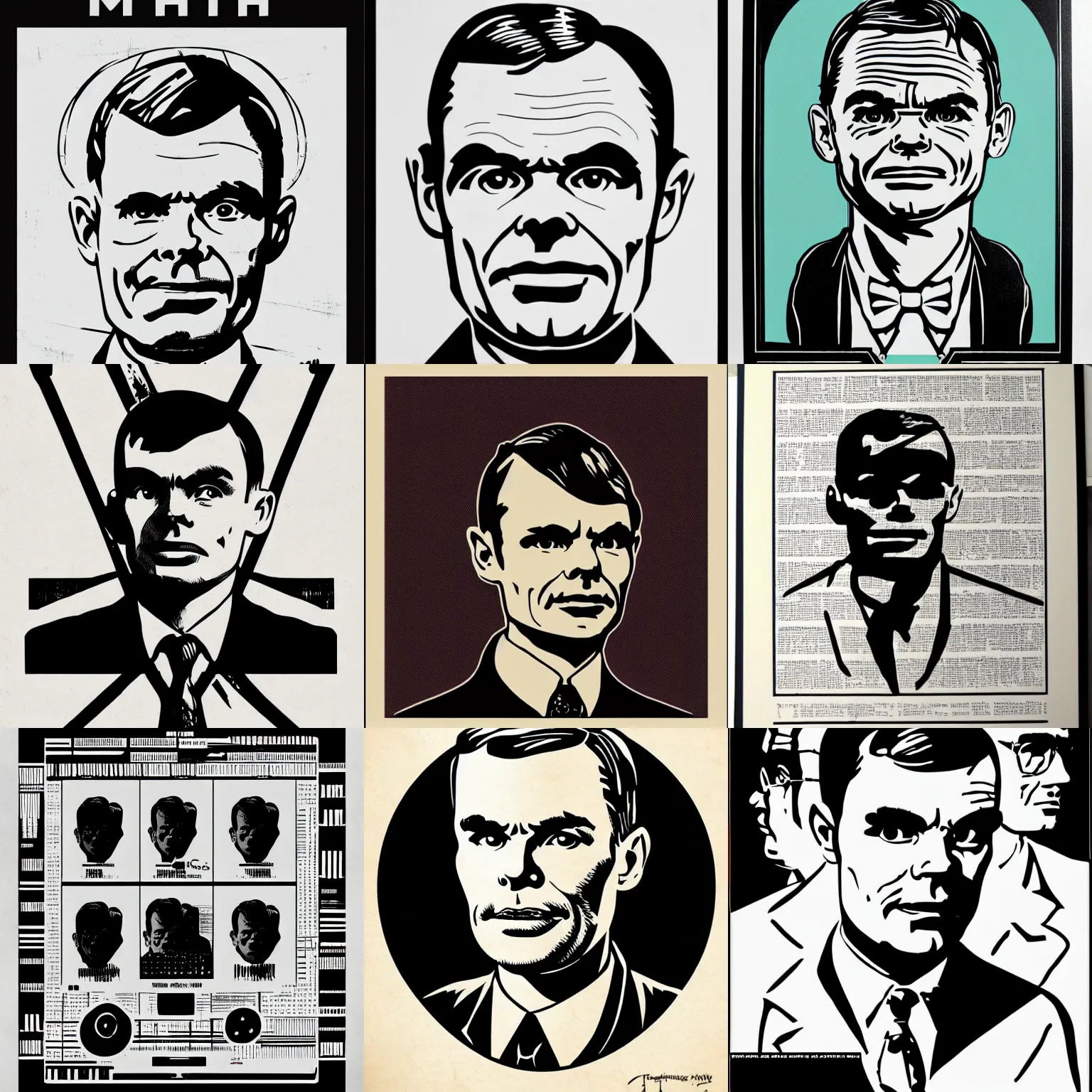 Prompt: individual alan turing silk screen butcher billy style