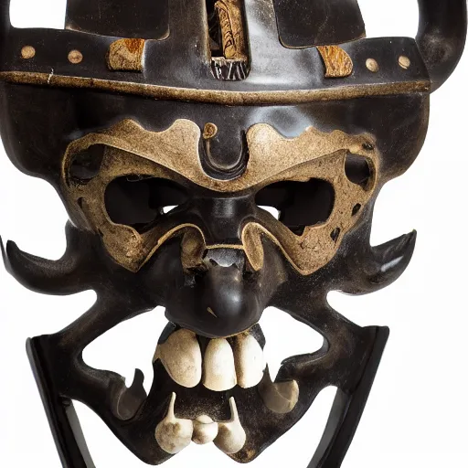 Image similar to symmetrical product photograph of a highly detailed ominous samurai mask made from fragmented bone and obsidian, angry