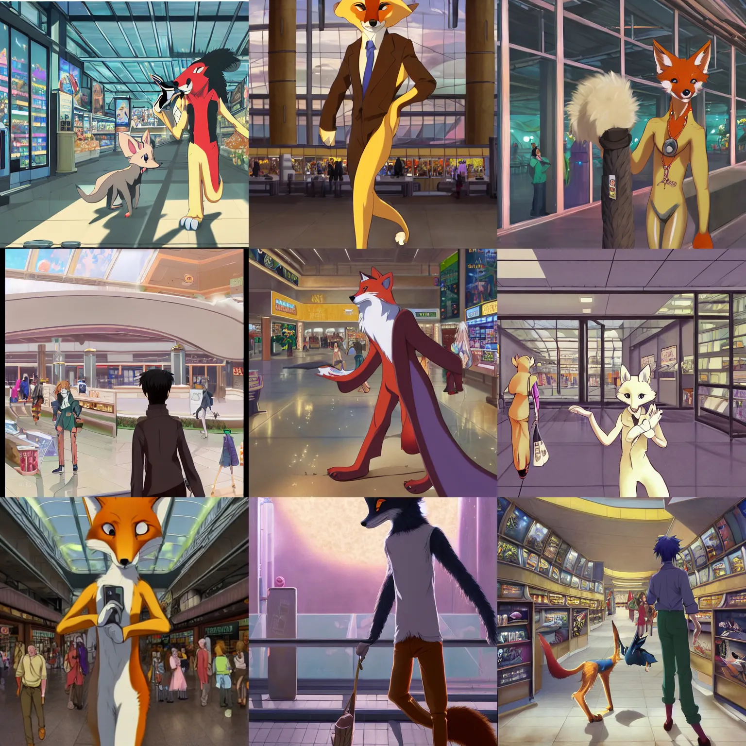 Image similar to anthro art commission of an anthropomorphic natural furry ( ( fox ) ) person shopping at a futuristic mall, photorealistic, key anime art, makoto shinkai, james gurney, don bluth, disney!!!!, hibbary, dark natasha, goldenwolf, furaffinity, fursona, greg rutkowsi