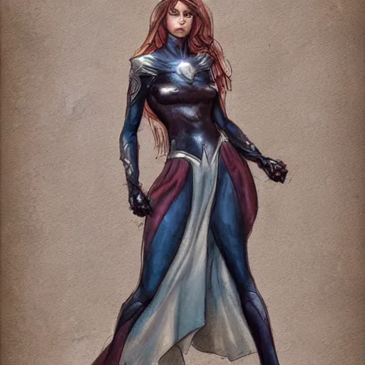 Image similar to a perfect, realistic professional digital sketch of a fantasy heroine in style of Marvel, full length, by pen and watercolor, by a professional French artist on ArtStation, on high-quality paper