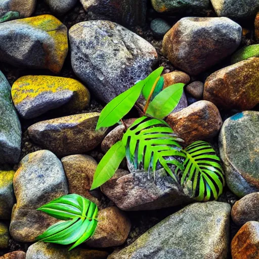 Image similar to tropical leaves, and flowery rocks closeup by rippling clear blue water, bright colorful, zen, minimalist, sunny environment, highly detailed, realistic, up close shot shinji aramaki, karol bak, alphonse mucha