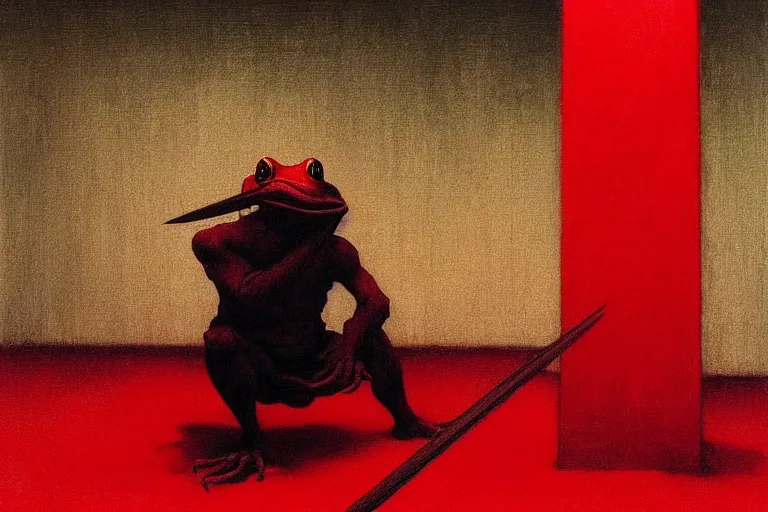 Image similar to only with red, a red samurai do seppuku, tokio, a lot of frogs watch, in the style of beksinski, parts by edward hopper, parts by rodcenko, parts by yue minjun, intricate and epic composition, red by caravaggio, insanely quality, highly detailed, masterpiece, red light, artstation, 4 k