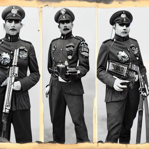 Image similar to tintype photographs of watchmen, machine mediums, dieselpunk troopers and ghost pilots