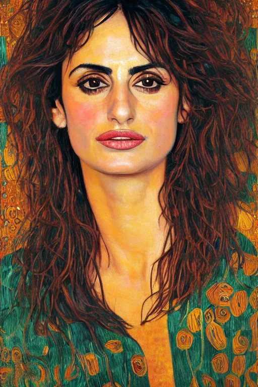 Image similar to oil painting, portrait of penelope cruz, artwork by gustav klimt