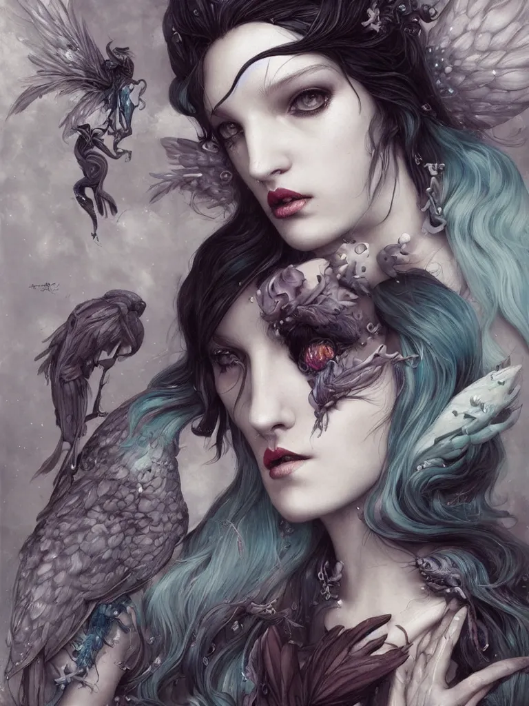 Image similar to a seapunk portrait of a harpy with shadowy eyes and bonewhite hair, with black glossy lips, hyperrealistic, award-winning, masterpiece, in the style of Tom Bagshaw, Cedric Peyravernay, Peter Mohrbacher