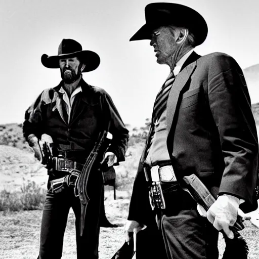 Image similar to donald trump playing the role of clint eastwood, squinting at high noon, in the style of a clint eastwood movie, the good, the bad and the ugly, distinguished, clint eastwood, vibe, glory days, mount rushmore, stern, resolve, formal, justice, american flag, independence, patriotism, symmetry, centered, balance