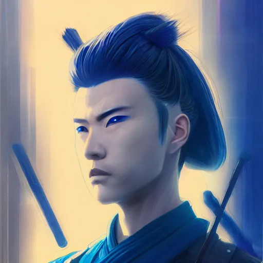 Prompt: cyberpunk samurai portrait painting a blue colors, medium shot, asymmetrical, profile picture, organic painting, sunny day, matte painting, bold shapes, hard edges, street art, trending on artstation, by huang guangjian and gil elvgren and sachin teng