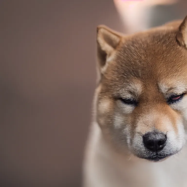 Prompt: Close up of a shiba inu, photo realistic, dramatic lighting, Nat Geo award winner, 100mm lens, bokeh