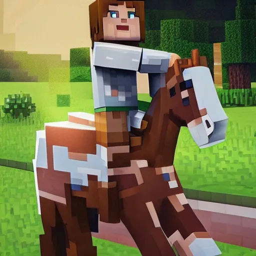 Image similar to cute hyperrealistic annie leonhart riding a minecraft horse in minecraft, beautiful face, pale skin, rule of thirds, cinematic lighting, rainy weather, melancholy atmosphere, sharp focus, backlit, stunning, smooth, hard focus, full body shot, instagram photo, shot on sony a 7 iii, hyper realistic