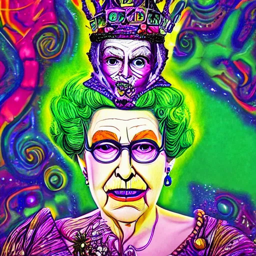 Prompt: an extremely psychedelic portrait of queen elizabeth as the riddler, surreal, lsd, face, detailed, intricate, elegant, lithe, highly detailed, digital oth, sharp focus, illustration,