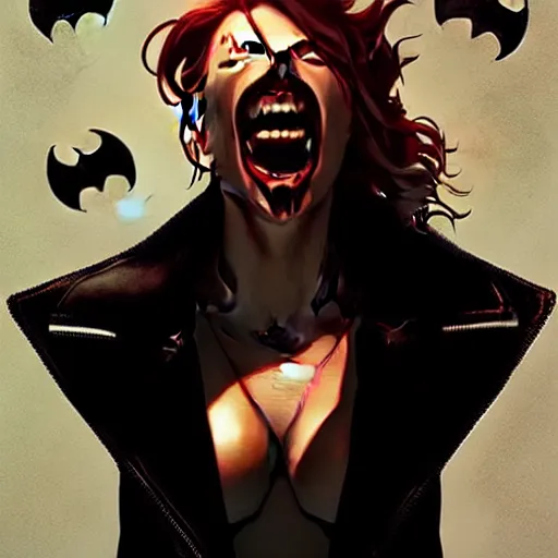 Image similar to rafael albuquerque comic art, peter mohrbacher, steve niles, artgerm, pretty scarlett johansson vampire sharp vampire teeth open mouth, symmetrical eyes, black leather jacket, jeans, long blonde hair