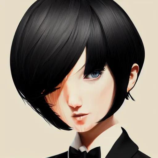 Image similar to girl in tuxedo with black chaotic wavy short haircut, elegant, 2d, ultra highly detailed, digital painting, smooth, sharp focus, artstation, art by Ilya Kuvshinov and Range Murata