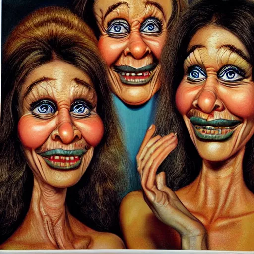 Image similar to beautiful lifelike painting of the peanut sisters, hyperreal detailed facial features and uv lighting, art by ed roth and basil wolverton