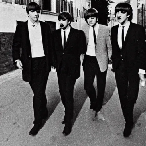 Prompt: the beatles as members of the italian mafia, 1 9 6 0, black and white, grainy