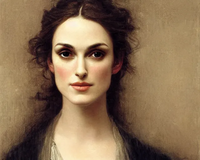 Image similar to portrait en buste of winona ryder kiera knightley in repose by Hughes Merle, by Pierre Auguste Cot, perfect realistic eyes, realistic fabric, abundant detail