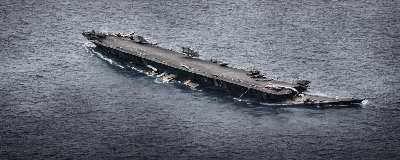 Image similar to low angle cinematic shot of abandoned aircraft carrier submerged in the middle of an endless black sand beach in iceland, rivers