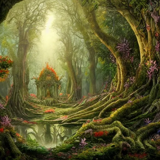 Image similar to a beautiful and highly detailed oil painting of an overgrown elven forest temple in the misty mountains, detailed plants and trees and flowers, intricate details, epic scale, insanely complex, 8 k, sharp focus, hyperrealism, fantasy landscape, psychedelic, by caspar friedrich and james gurney,