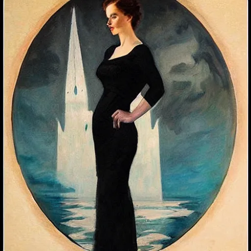 Prompt: woman in black dress, sea behind, pretty face, part dean cornwell style, part leyendecker style,