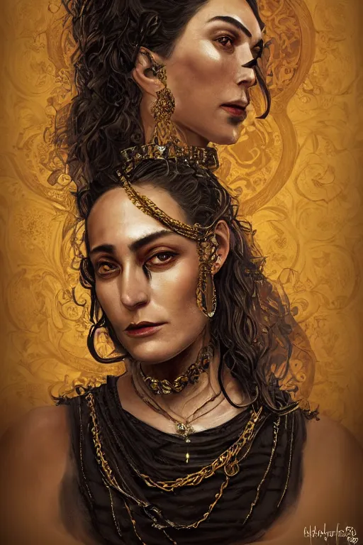 Image similar to portrait, headshot, digital painting, of a 17th century, beautiful, middle aged, middle eastern, wrinkles, decadent, cyborg noble woman, dark hair, piercings, chains, gold tatoos, amber jewels, baroque, ornate dark green opulent clothing, scifi, futuristic, realistic, hyperdetailed, concept art, dramatic backlighting, golden hour, cinestill, art by syd mead