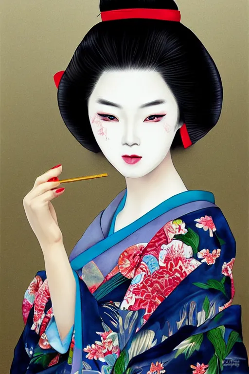 Image similar to beauty geisha, digital art, 8k, character, realistic, portrait, photorealism, japan watercolour, masterpiece art