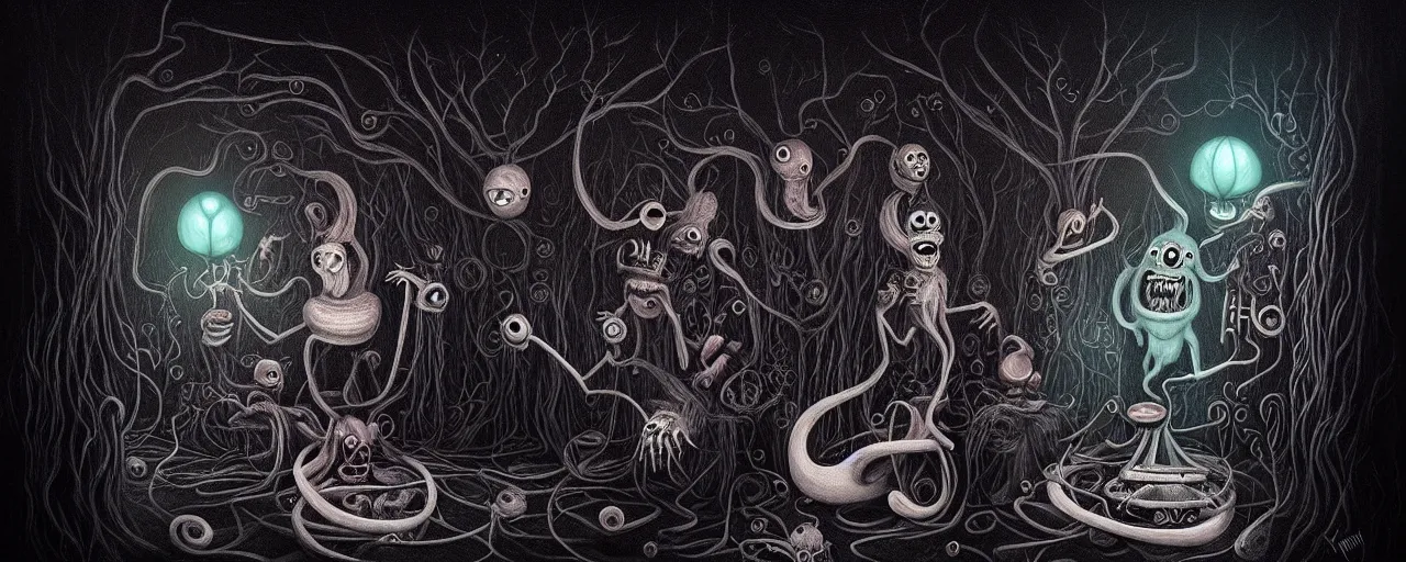 Image similar to whimsical airy alchemical monsters, surreal dark uncanny painting by ronny khalil