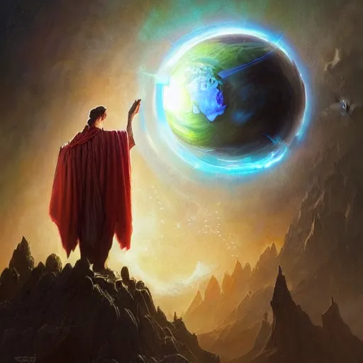 Image similar to the creator of worlds wearing a cloak and holding a holographic planet projection in his hand, detailed, sci - fi, digital painting, artstation, sharp focus, illustration, ominous, artgerm, tomasz alen kopera, peter mohrbacher, donato giancola, joseph christian leyendecker, wlop, frank frazetta